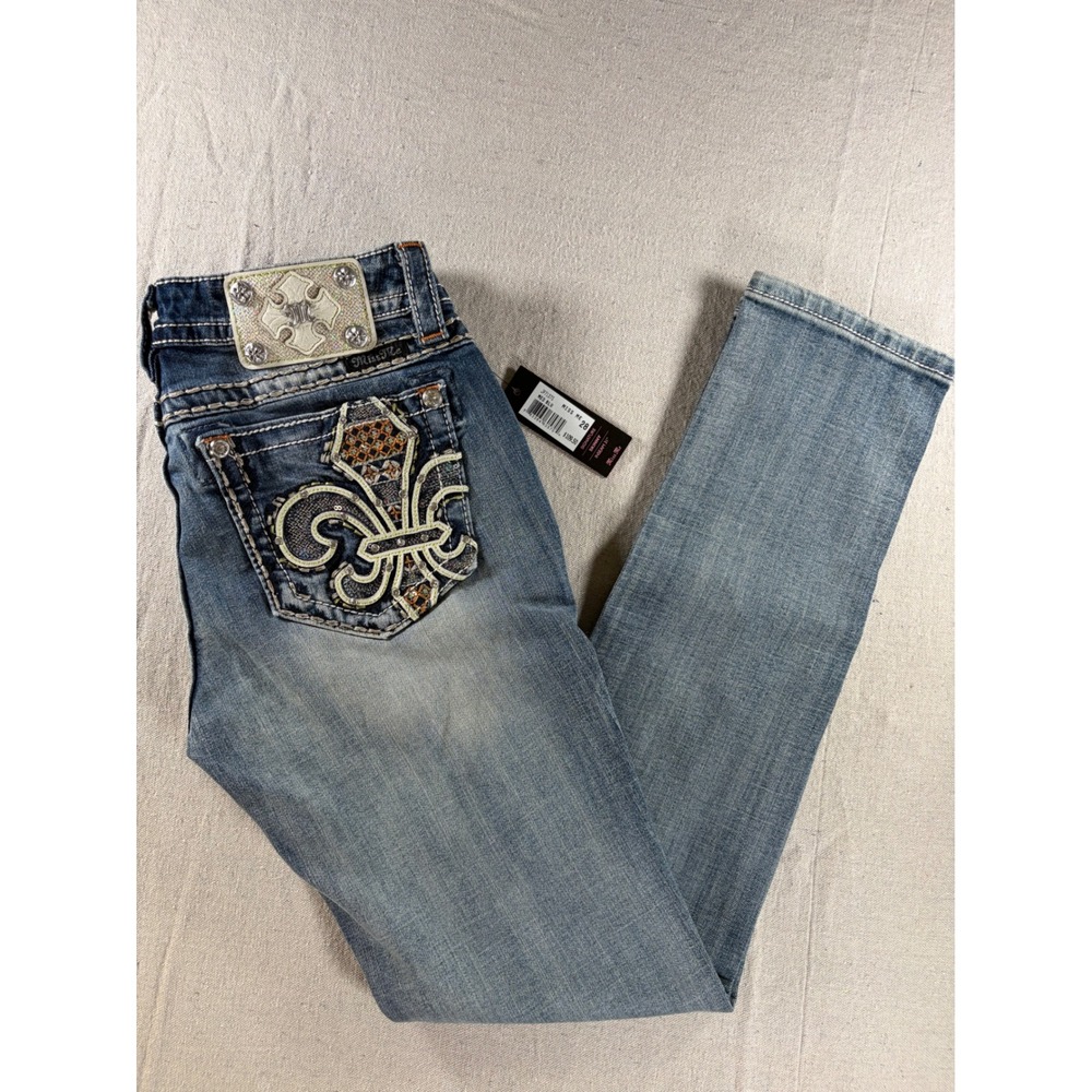 Miss Me Signature Skinny Jeans Womens 28 Blue Fleur De Lis Flap Pocket NWT